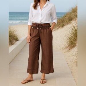 Specchio Brown Boho Wide Leg Pants Crochet Lace Trim Coin Accents Medium